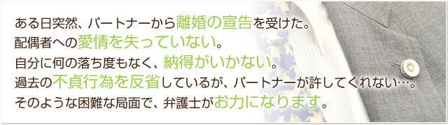 ある日突然、パートナーから離婚の宣告を受けた。配偶者への愛情を失っていない。自分に何の落ち度もなく、納得がいかない。過去の不貞行為を反省しているが、パートナーが許してくれない…。そのような困難な局面で、弁護士がお力になります。